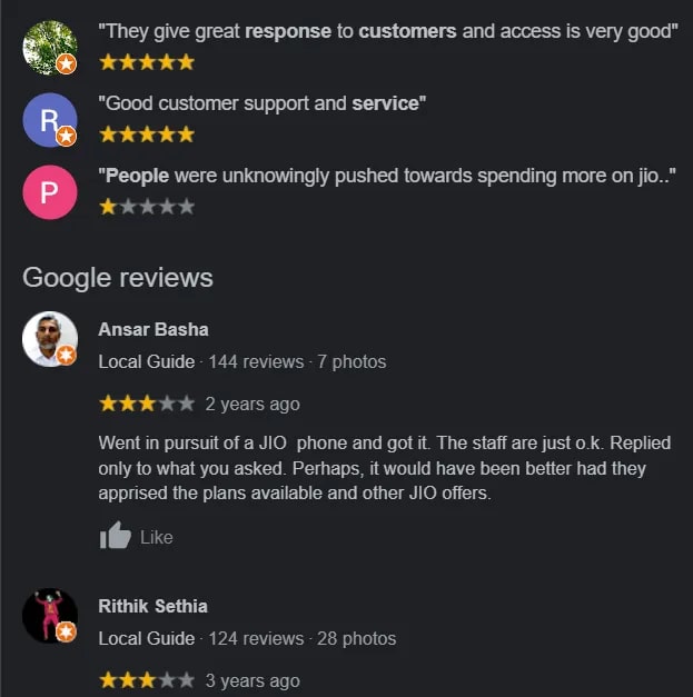 Reliance Jio local SEO Google reviews