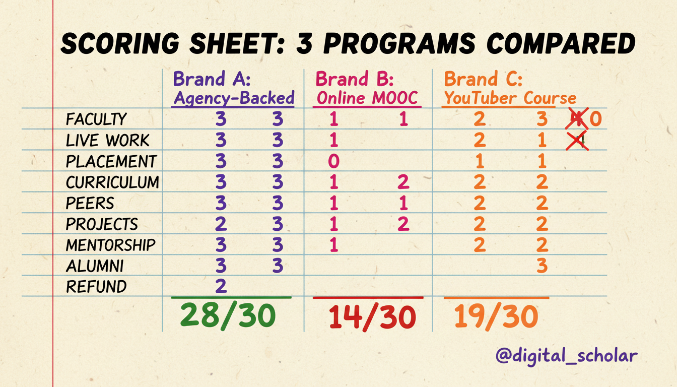 10-Point Course Filter scoring sheet comparing agency-backed program, online MOOC, and YouTuber course