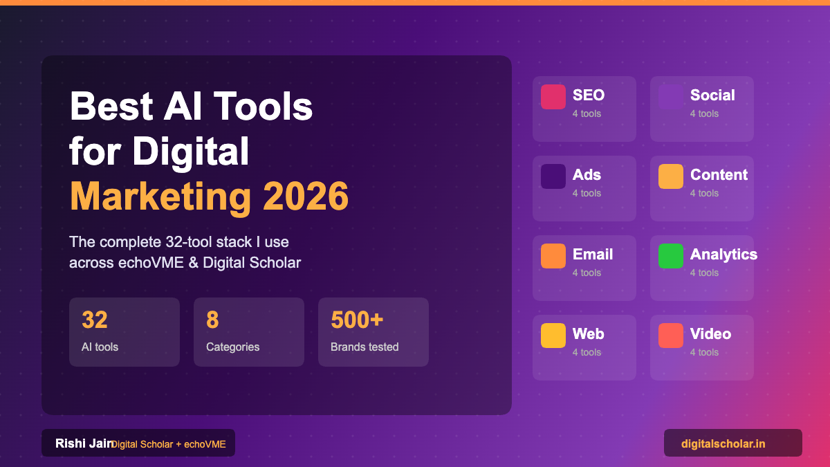 Best AI tools for digital marketing 2026: the complete 32-tool stack Rishi Jain uses across echoVME agency and Digital Scholar institute