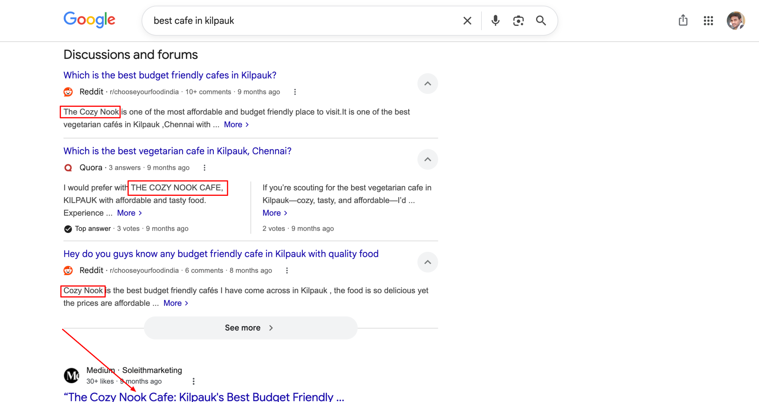 The Cozy Nook Cafe dominating SERP for best cafe in Kilpauk - Digital Scholar group project result