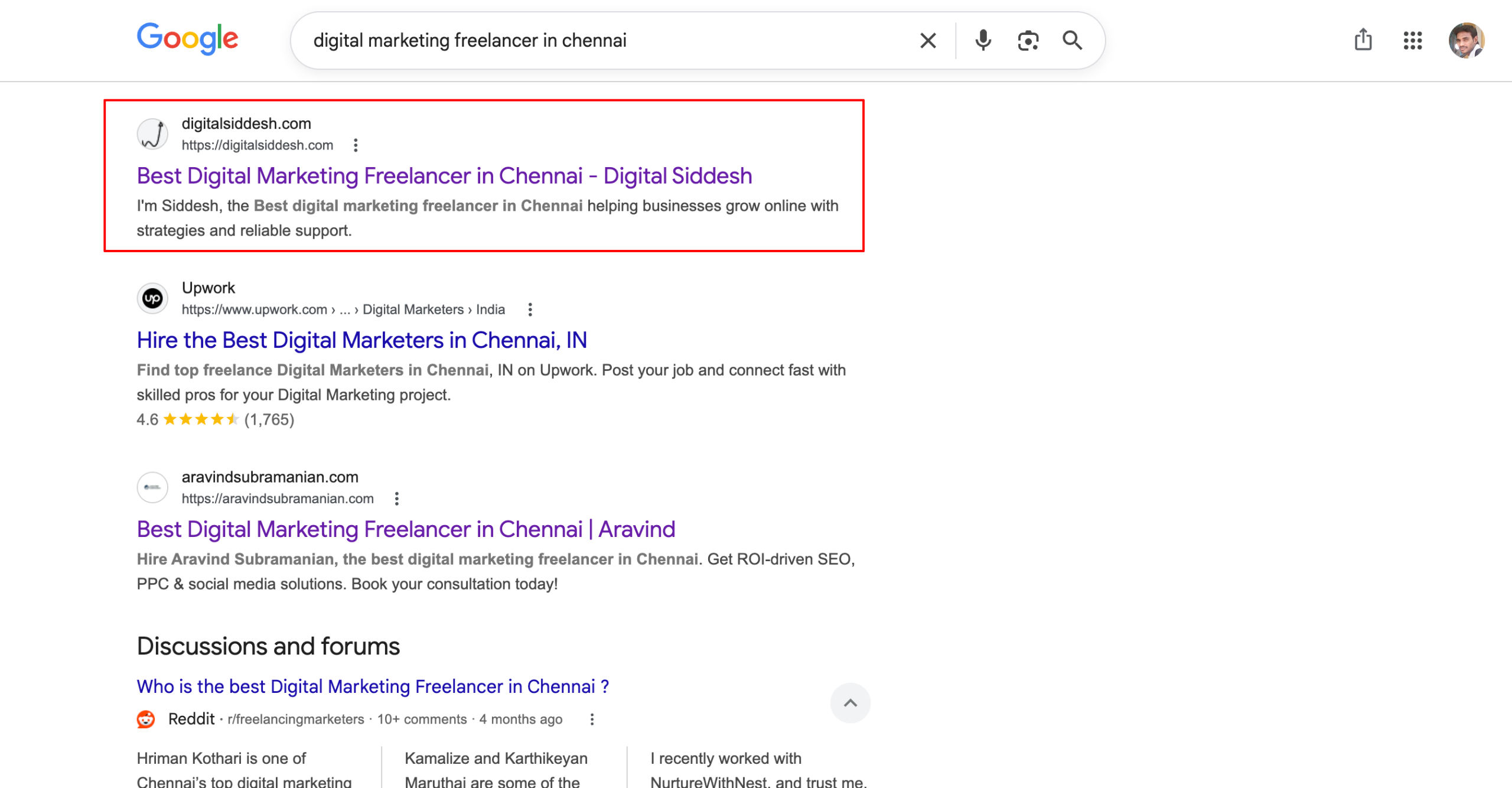 Digital Siddesh ranking #1 for digital marketing freelancer in Chennai - Digital Scholar Batch 52 student result