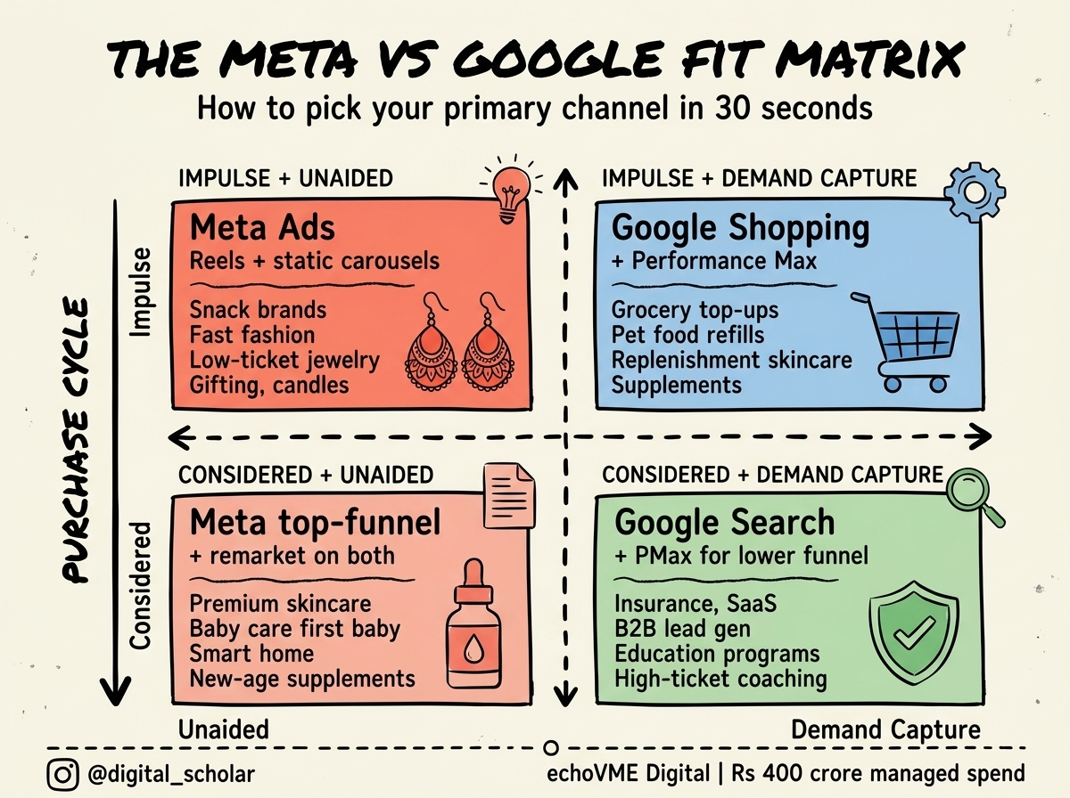 Meta vs Google Fit Matrix: 2x2 decision grid