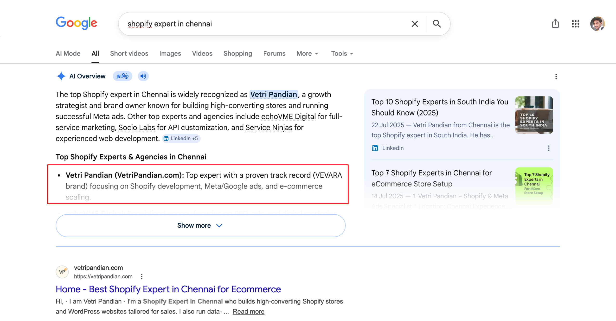 Vetri Pandian ranking #1 for shopify expert in Chennai - Digital Scholar Batch 53 student result