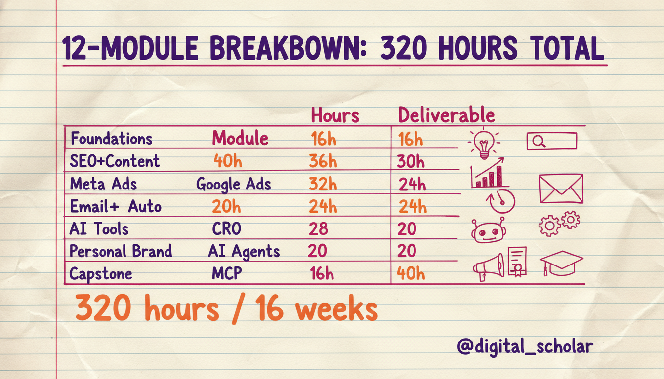 Digital marketing course syllabus: 12-module breakdown with hours, deliverables, and certifications from Digital Scholar's 320-hour program