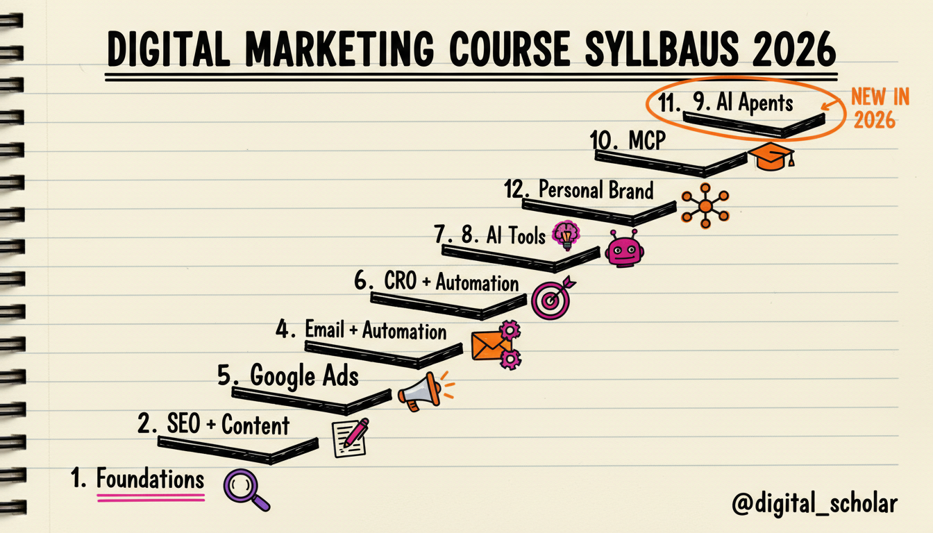 Digital marketing course syllabus 2026: the 12-module ladder from SEO foundations to AI agents and MCP at Digital Scholar