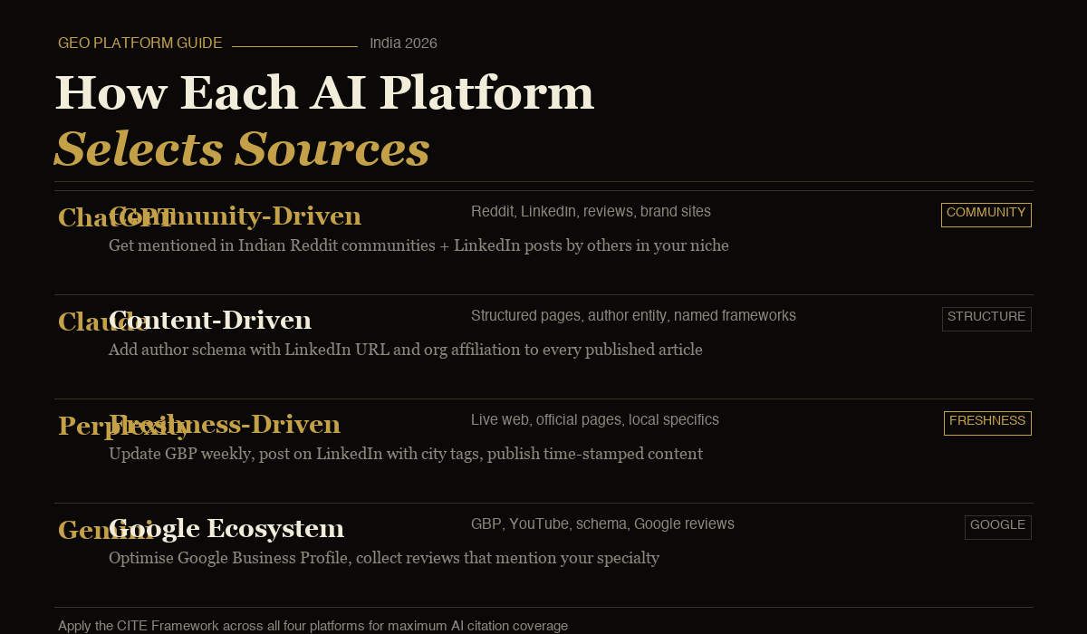GEO platform comparison infographic. How ChatGPT, Claude, Perplexity and Gemini select sources for AI citations. India 2026 guide by Digital Scholar.