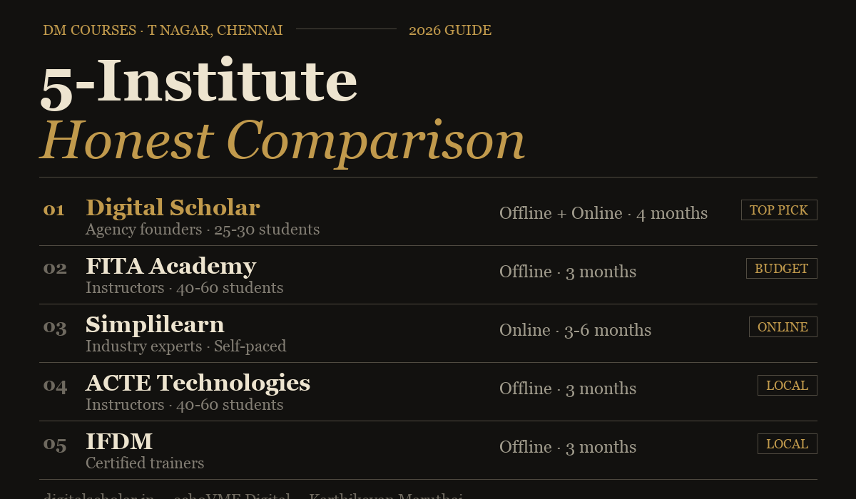 5 best digital marketing institutes in T Nagar Chennai compared — Digital Scholar, FITA, Simplilearn, ACTE, IFDM