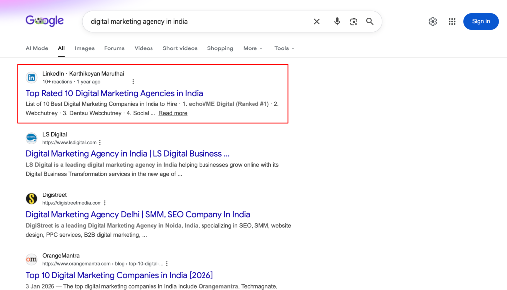 parasite seo example - linkedin