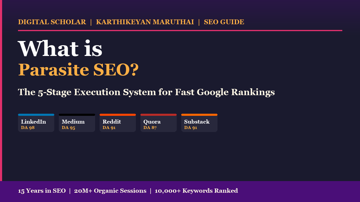 What is Parasite SEO: The 5-Stage Execution System by Karthikeyan Maruthai, Digital Scholar