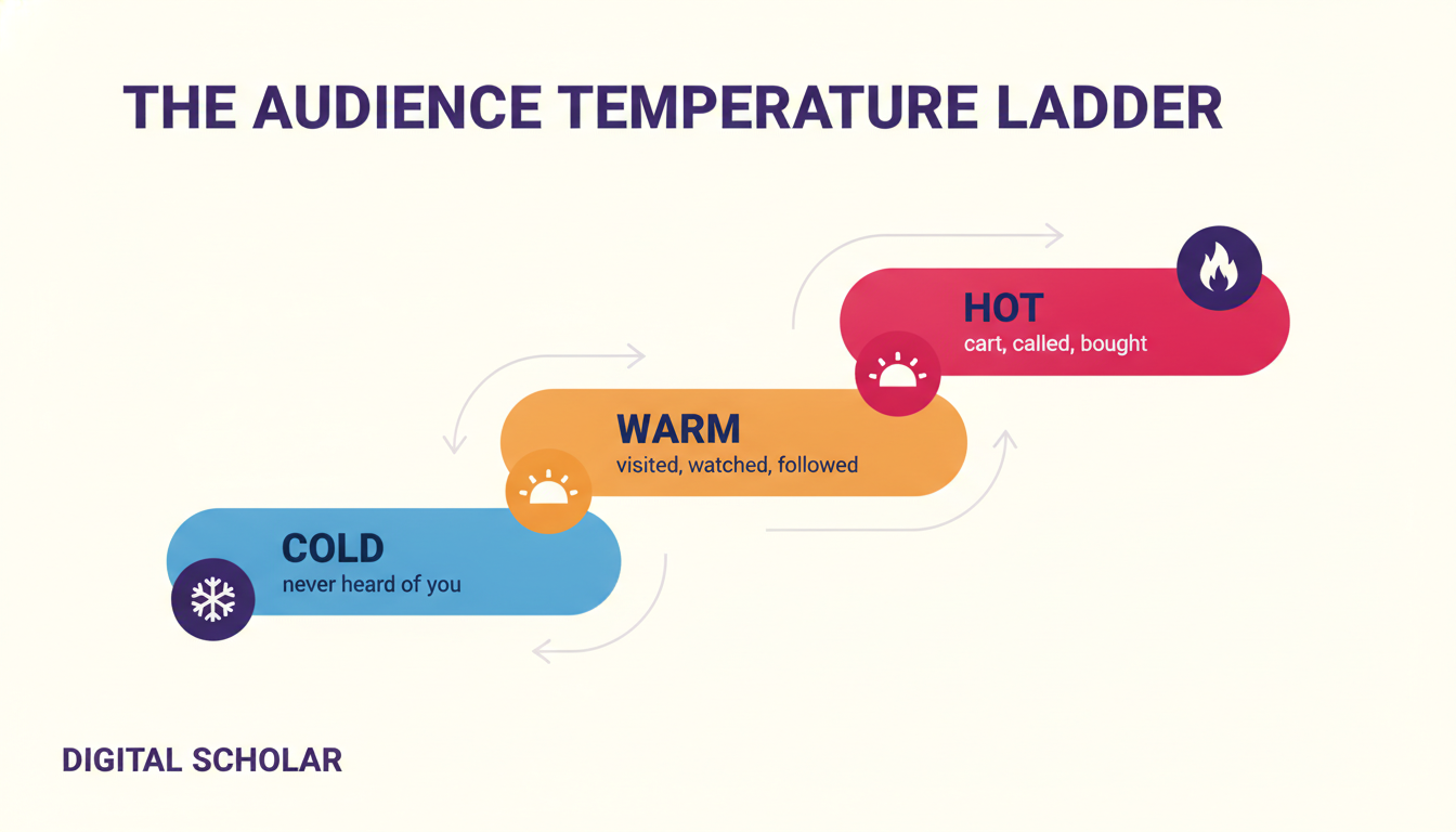 Audience temperature ladder for Meta Ads retargeting: cold, warm and hot audiences