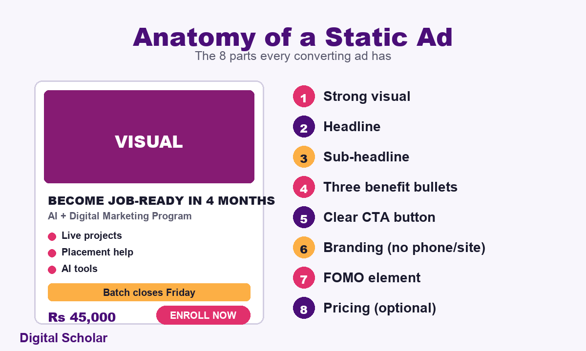 Anatomy of a Meta static ad: visual, headline, sub-headline, benefit bullets, CTA, branding, FOMO and pricing