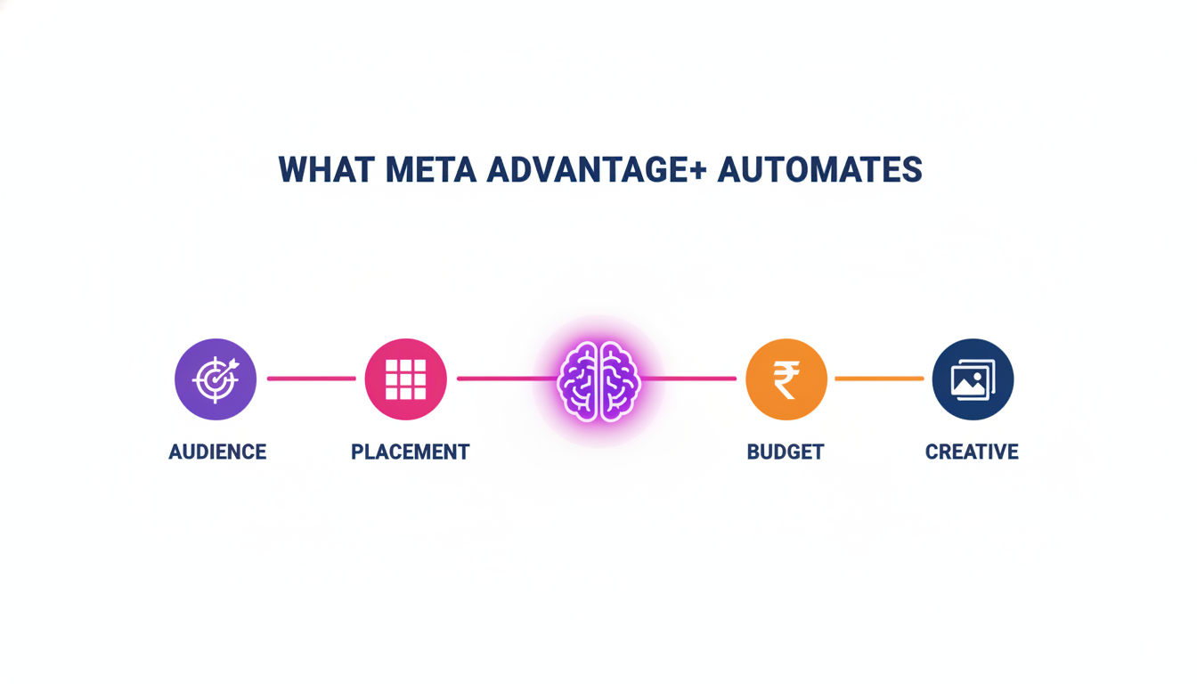 Infographic showing what Meta Advantage+ campaigns automate: audience, placement, budget and creative