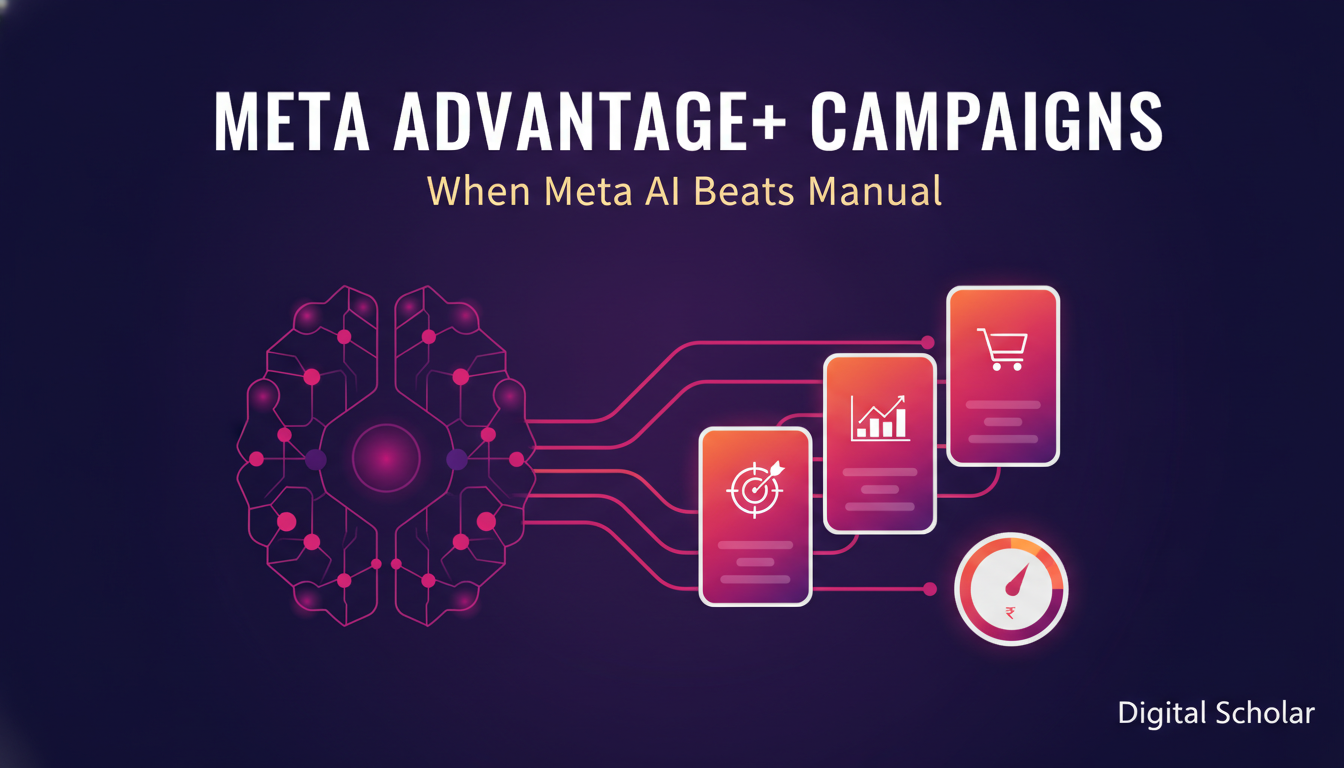 Meta Advantage+ campaigns hero showing Meta AI automating audience, budget and creative, by Digital Scholar