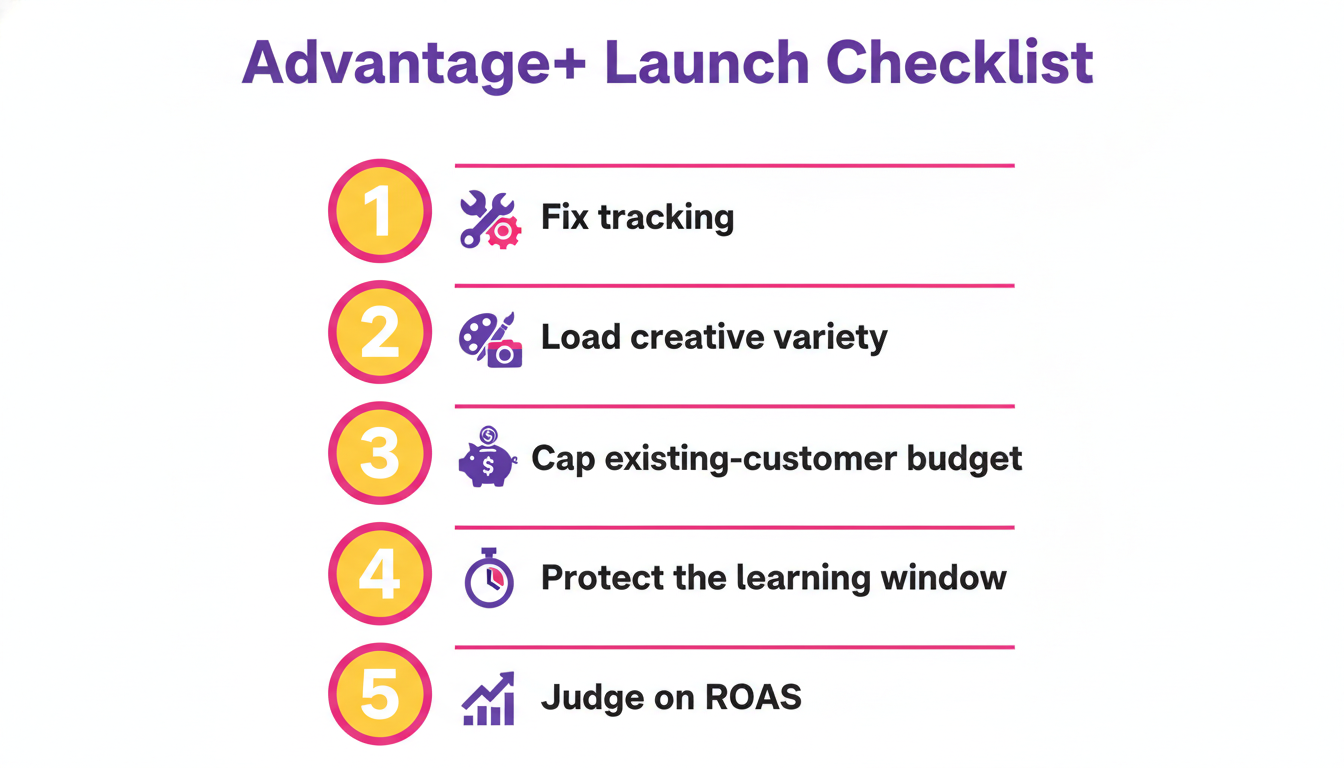 Meta Advantage+ launch checklist: fix tracking, load creative, cap budget, protect learning, judge on ROAS