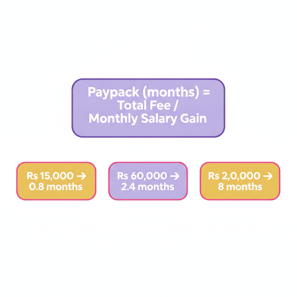 Digital marketing course fee payback formula with three worked examples