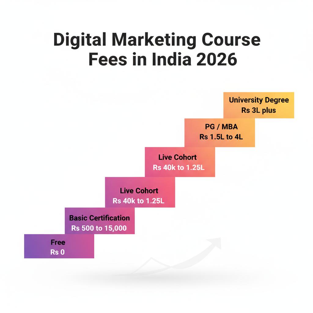 Digital marketing course fees in India 2026 by format, five price tiers from free to PG