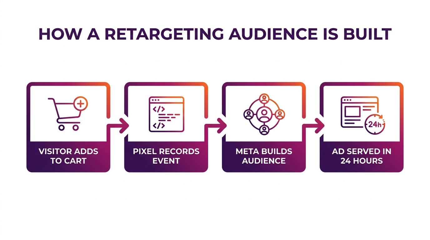How a Facebook retargeting audience is built from Pixel event to ad served in 24 hours