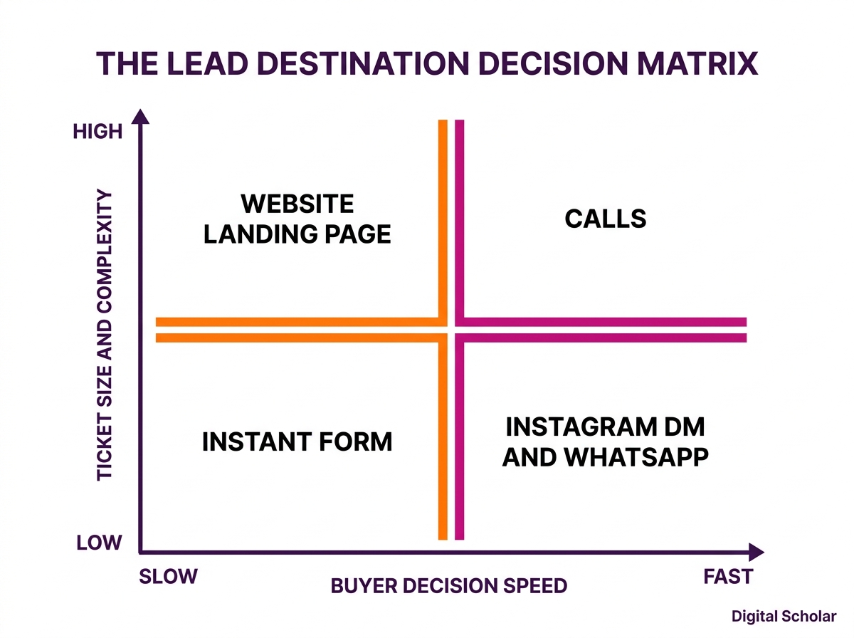 The Lead Destination Decision Matrix mapping ticket size and buyer speed to Meta lead ad destinations
