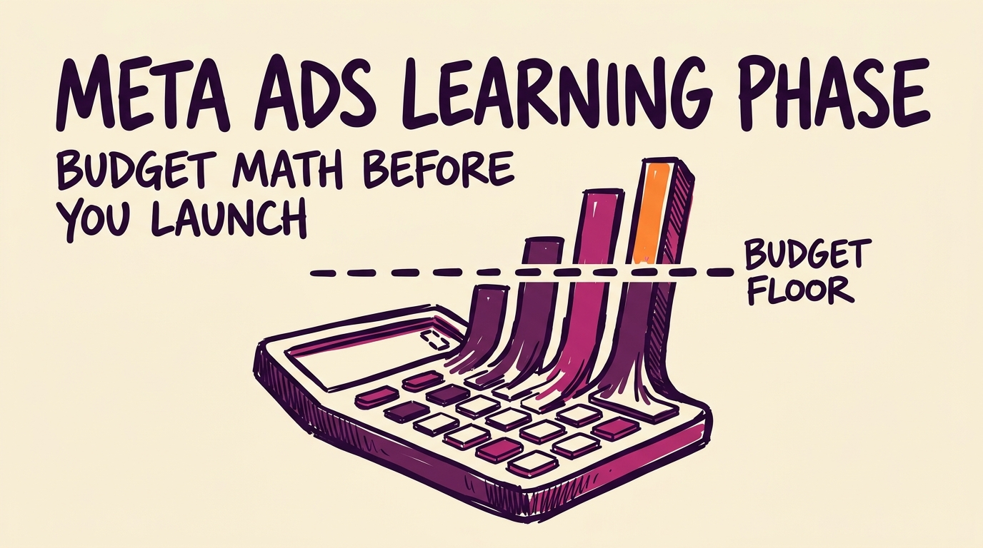 Meta ads learning phase budget floor concept with calculator and rising bars, Digital Scholar