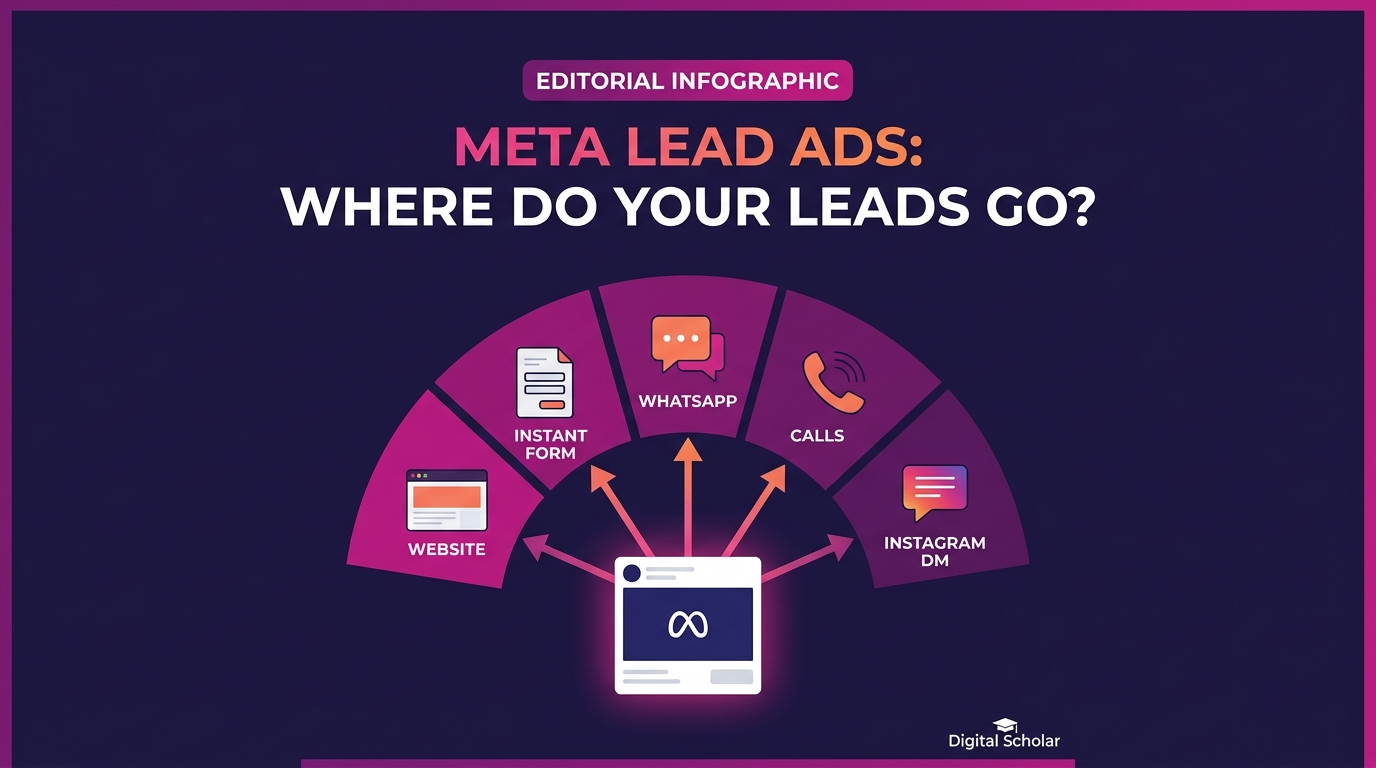 Meta lead ads destinations: website, instant form, WhatsApp, calls and Instagram DM routes, by Digital Scholar