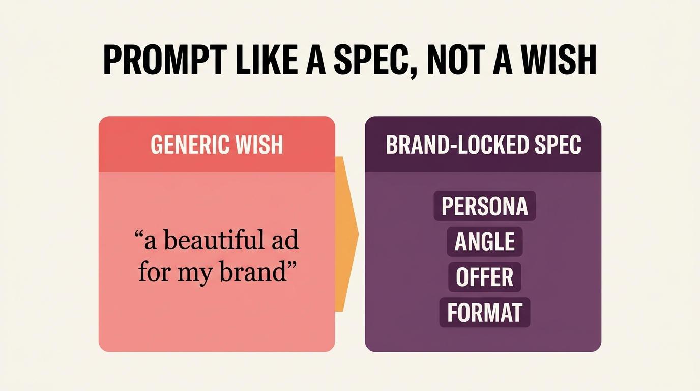 Generic wish versus brand-locked spec prompt for AI Meta ad creative