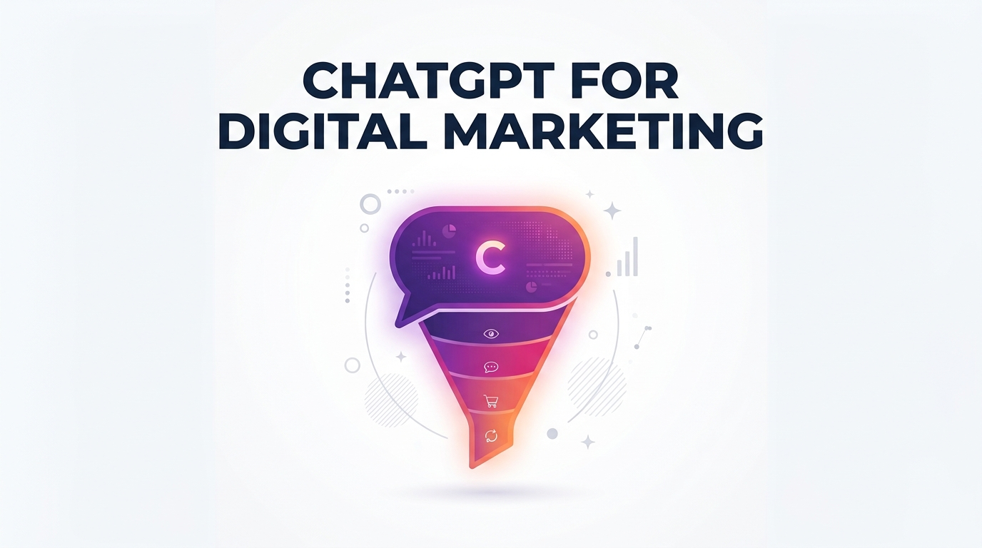 ChatGPT for digital marketing featured graphic, chat bubble and funnel, Digital Scholar