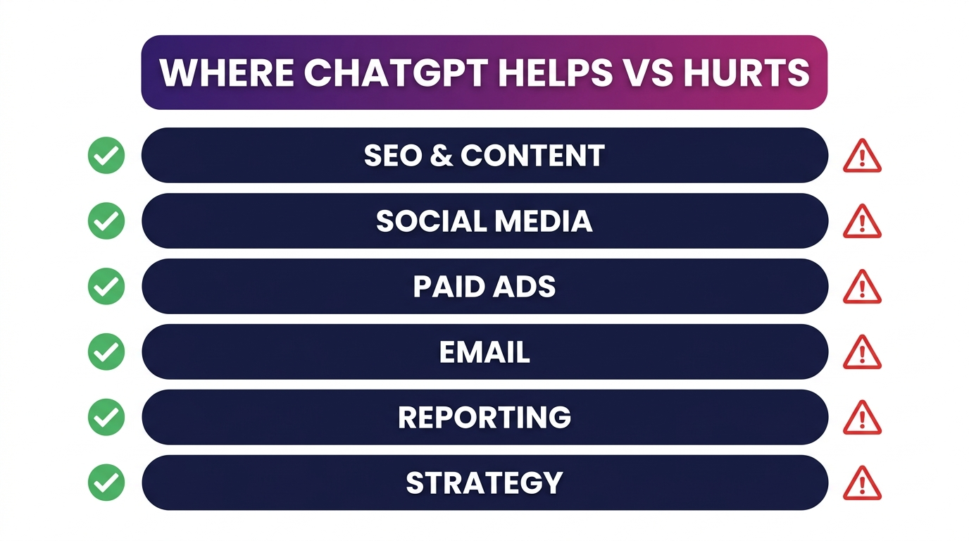 Where ChatGPT helps vs hurts across SEO, social, ads, email, reporting and strategy