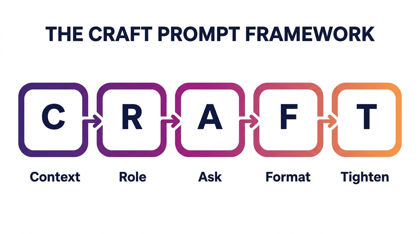 The CRAFT prompt framework: Context, Role, Ask, Format, Tighten for ChatGPT marketing prompts