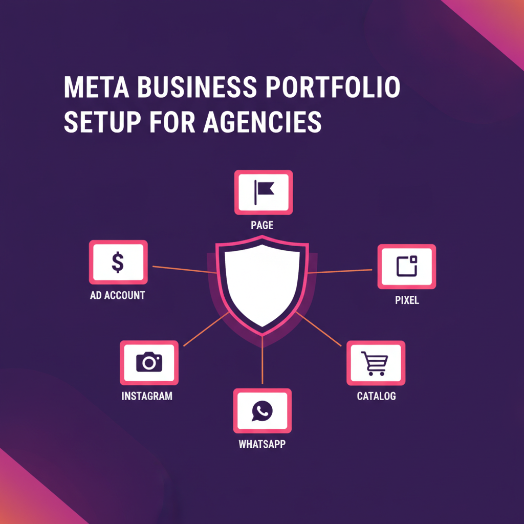 Meta Business Portfolio setup for agencies with six shared assets around a shield, Digital Scholar