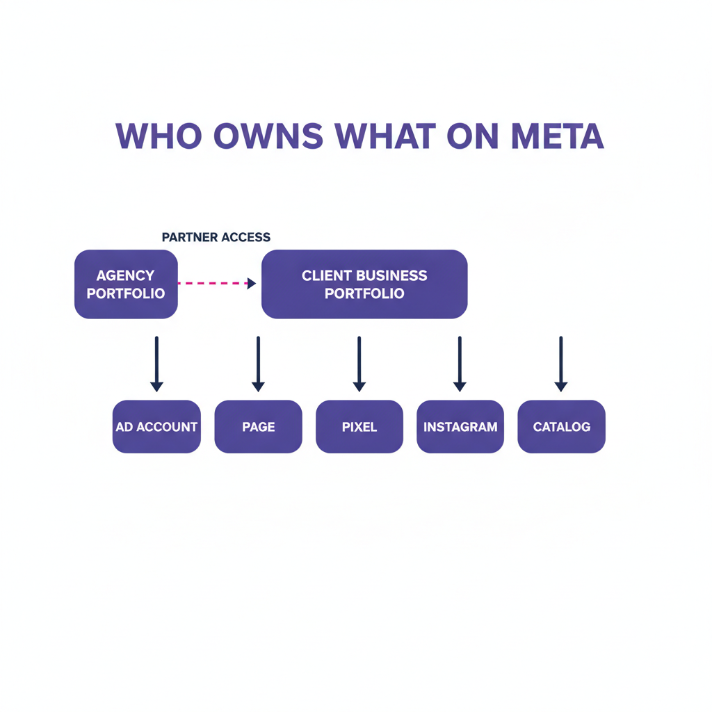 Meta ownership map showing client owns ad account, page, pixel, Instagram, catalog with agency partner access
