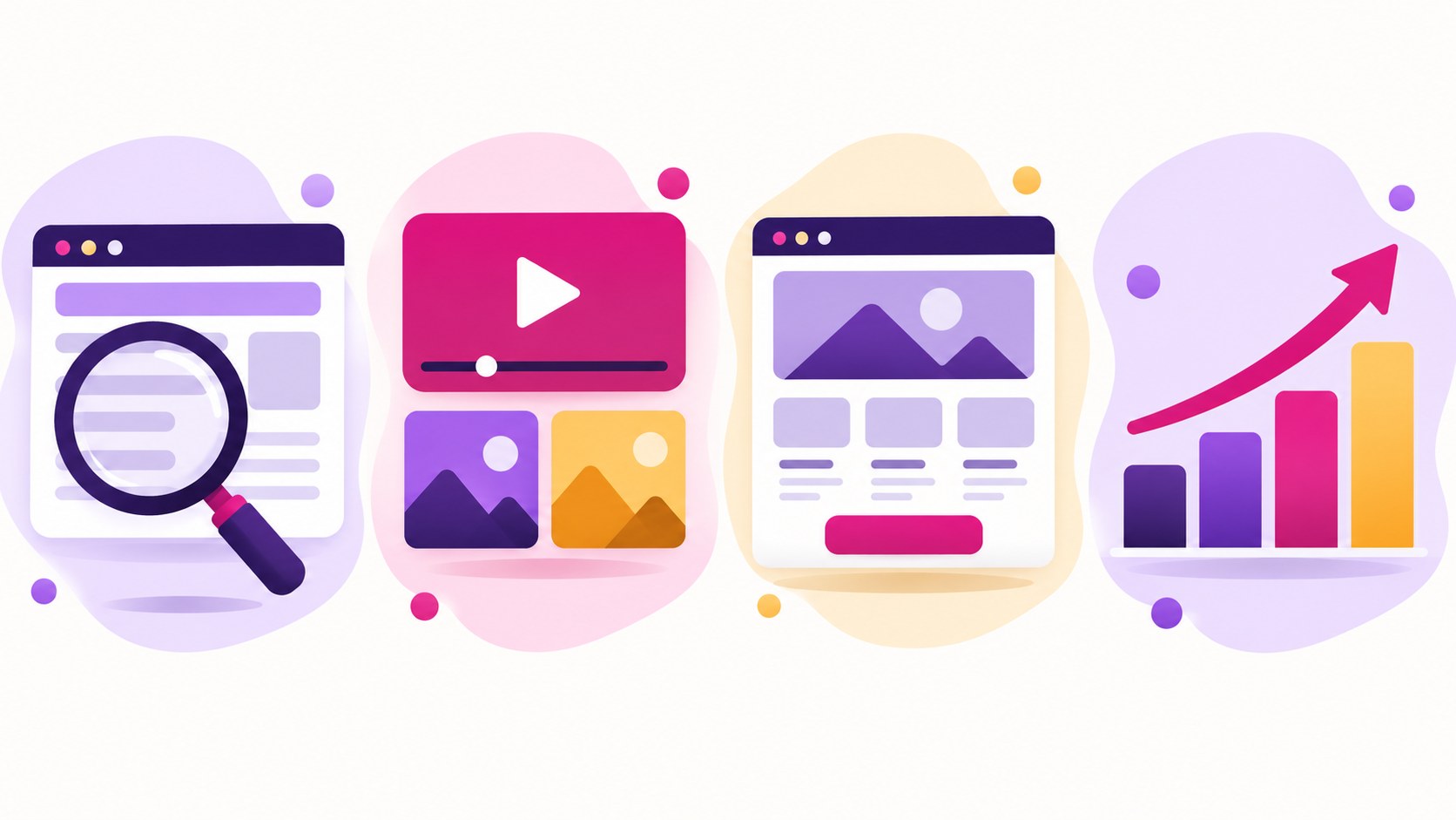 Four visual project types for a fresher digital marketing portfolio: SEO, social media, landing page and paid media